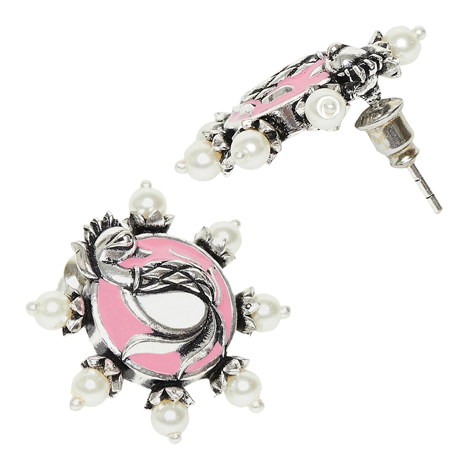 Shwet Kamal Faux Pearls Peacock Motif Silver Plated Stud Earrings - Image 4