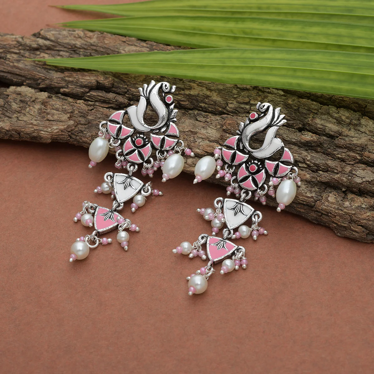 Shwet Kamal Faux Pearls Peacock Motif Silver Plated Earrings