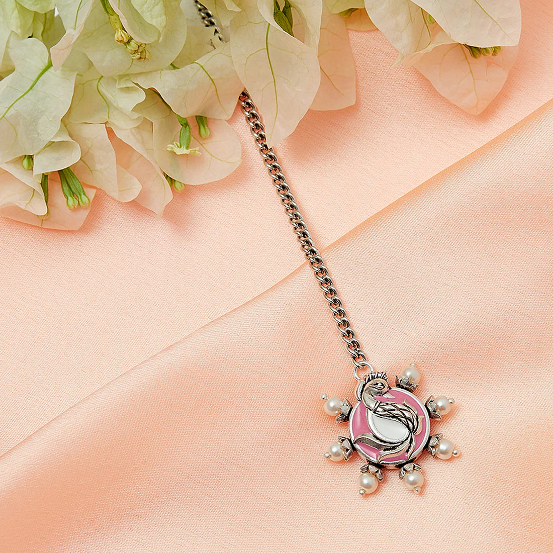 Shwet Kamal Faux Pearls Peacock Motif Pink Enamelled Silver Plated Maang Tika