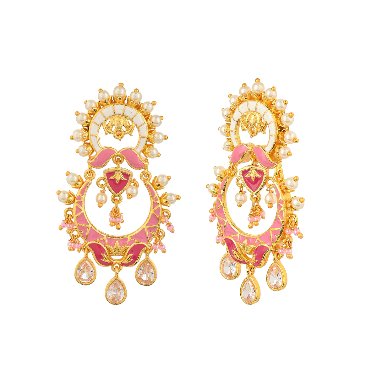 Shwet Kamal Floral Faux Pearls and Kundan Adorned Gold Plated Earrings - Image 3
