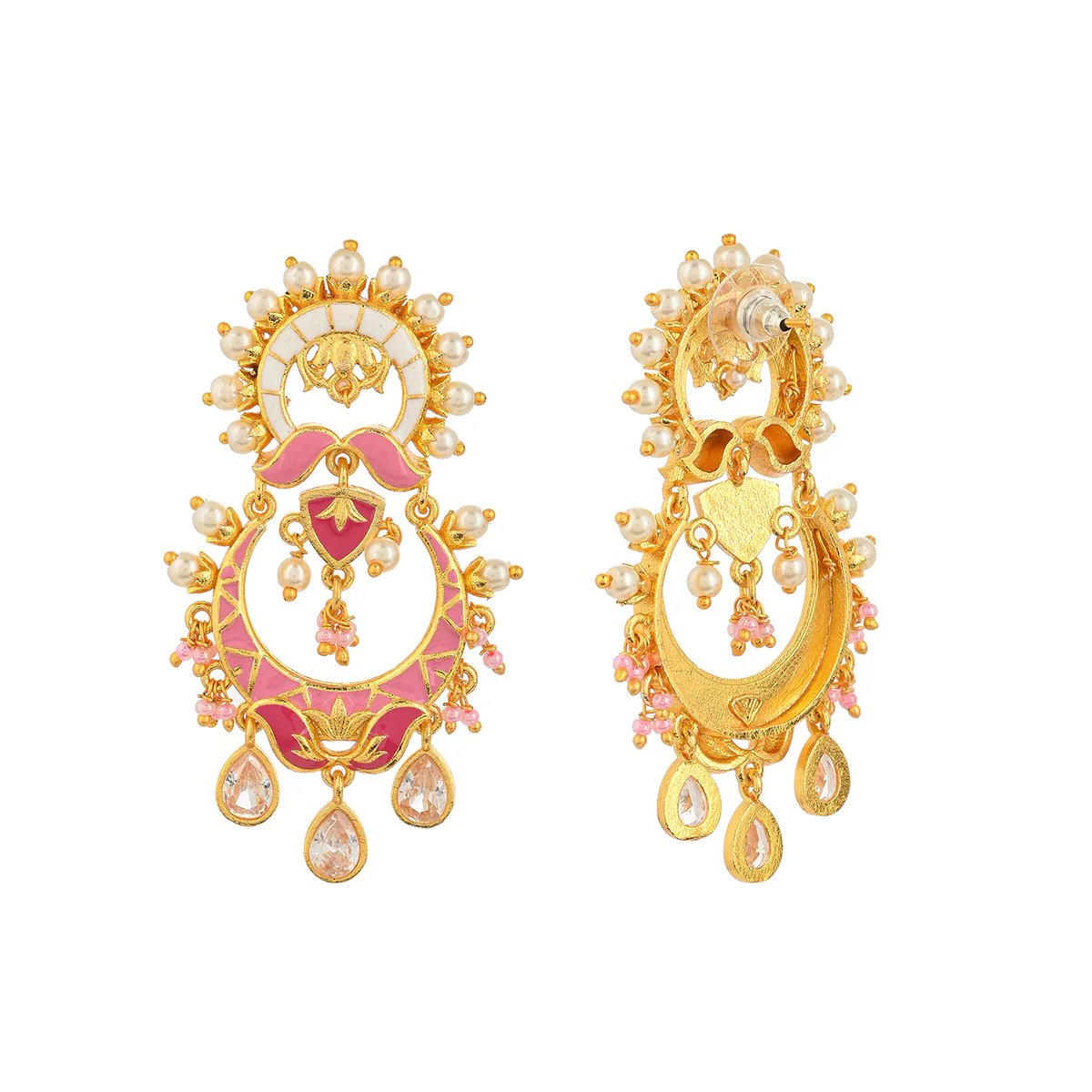 Shwet Kamal Floral Faux Pearls and Kundan Adorned Gold Plated Earrings - Image 4