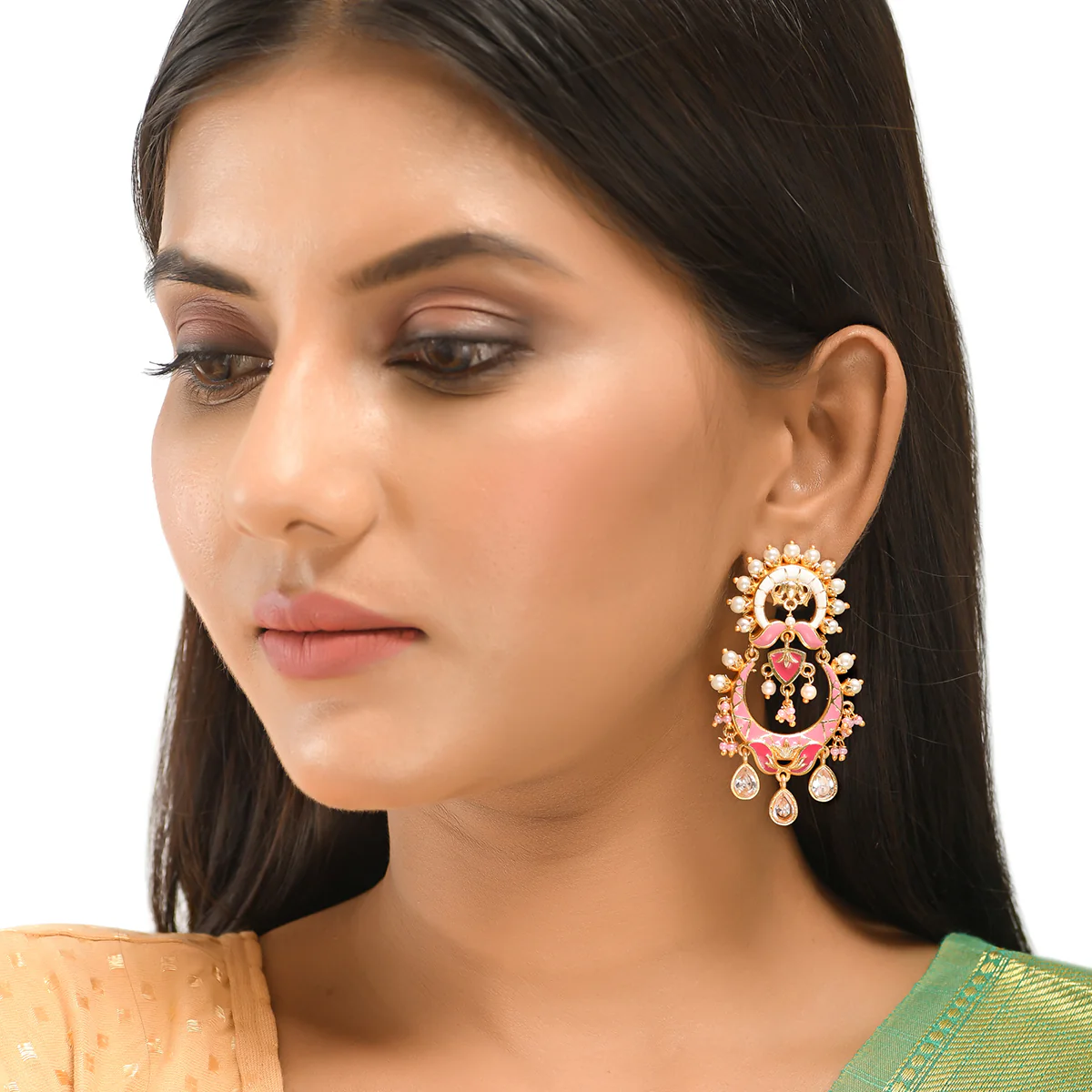 Shwet Kamal Floral Faux Pearls and Kundan Adorned Gold Plated Earrings - Image 5