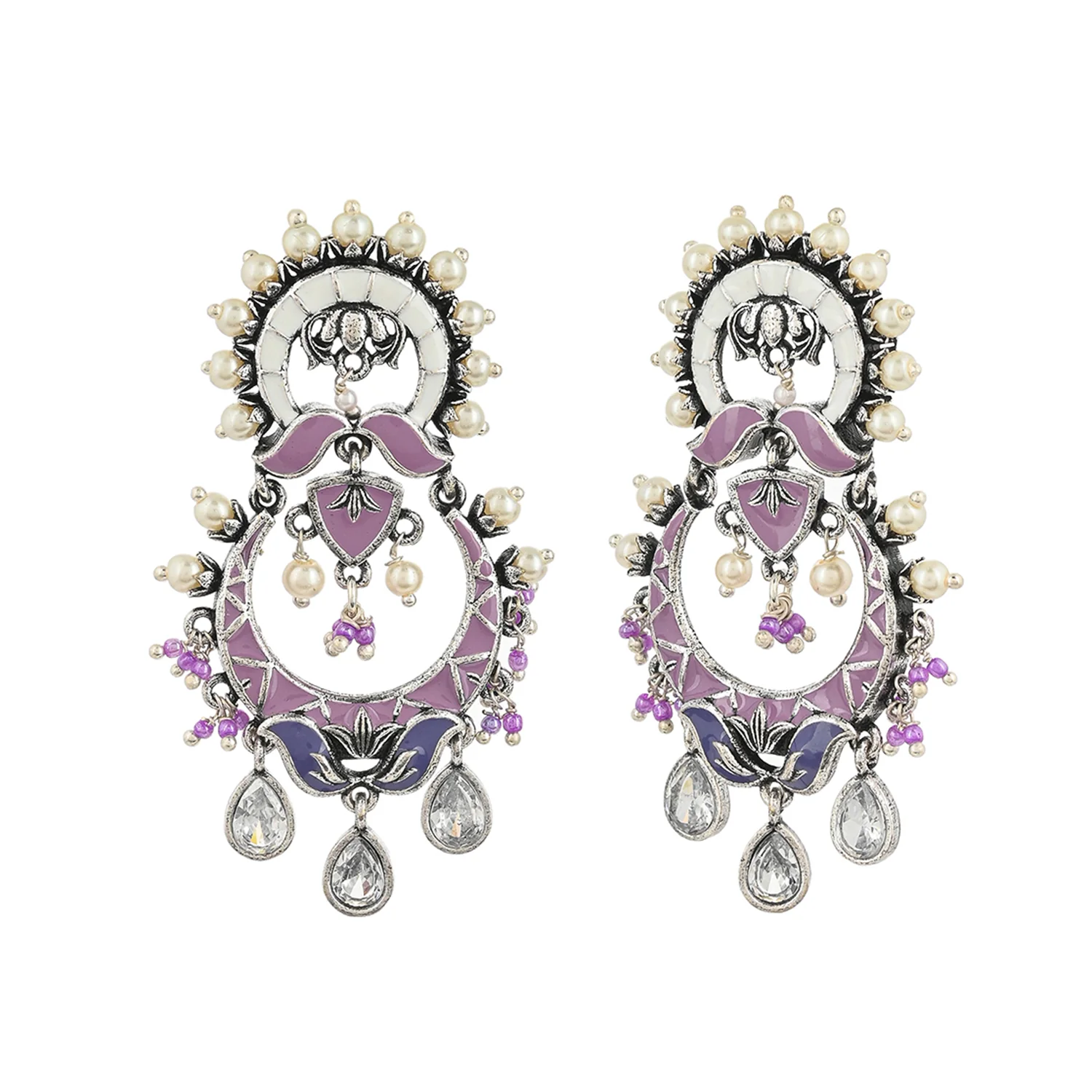 Shwet Kamal Floral Motifs Faux Pearls and Kundan Adorned Silver Plated Earrings - Image 3