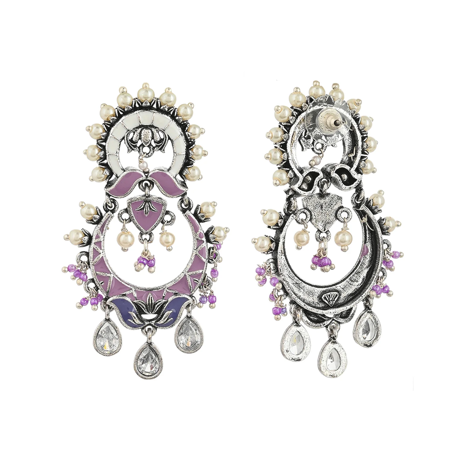 Shwet Kamal Floral Motifs Faux Pearls and Kundan Adorned Silver Plated Earrings - Image 4