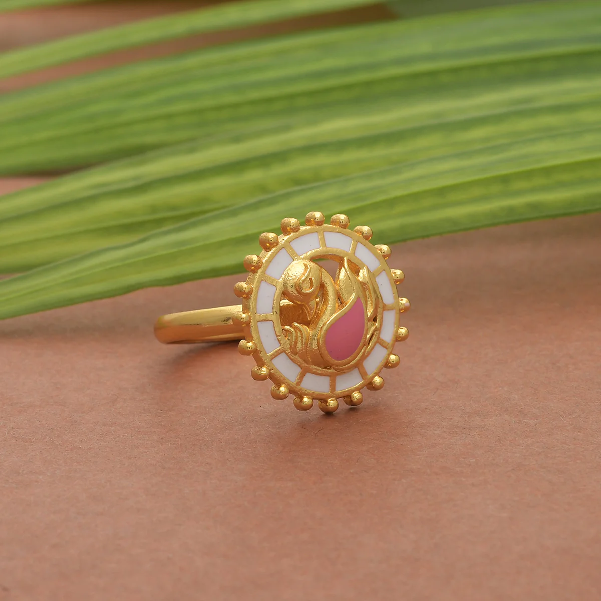 Shwet Kamal Gold Plated Peacock Motif Adjustable Brass Ring