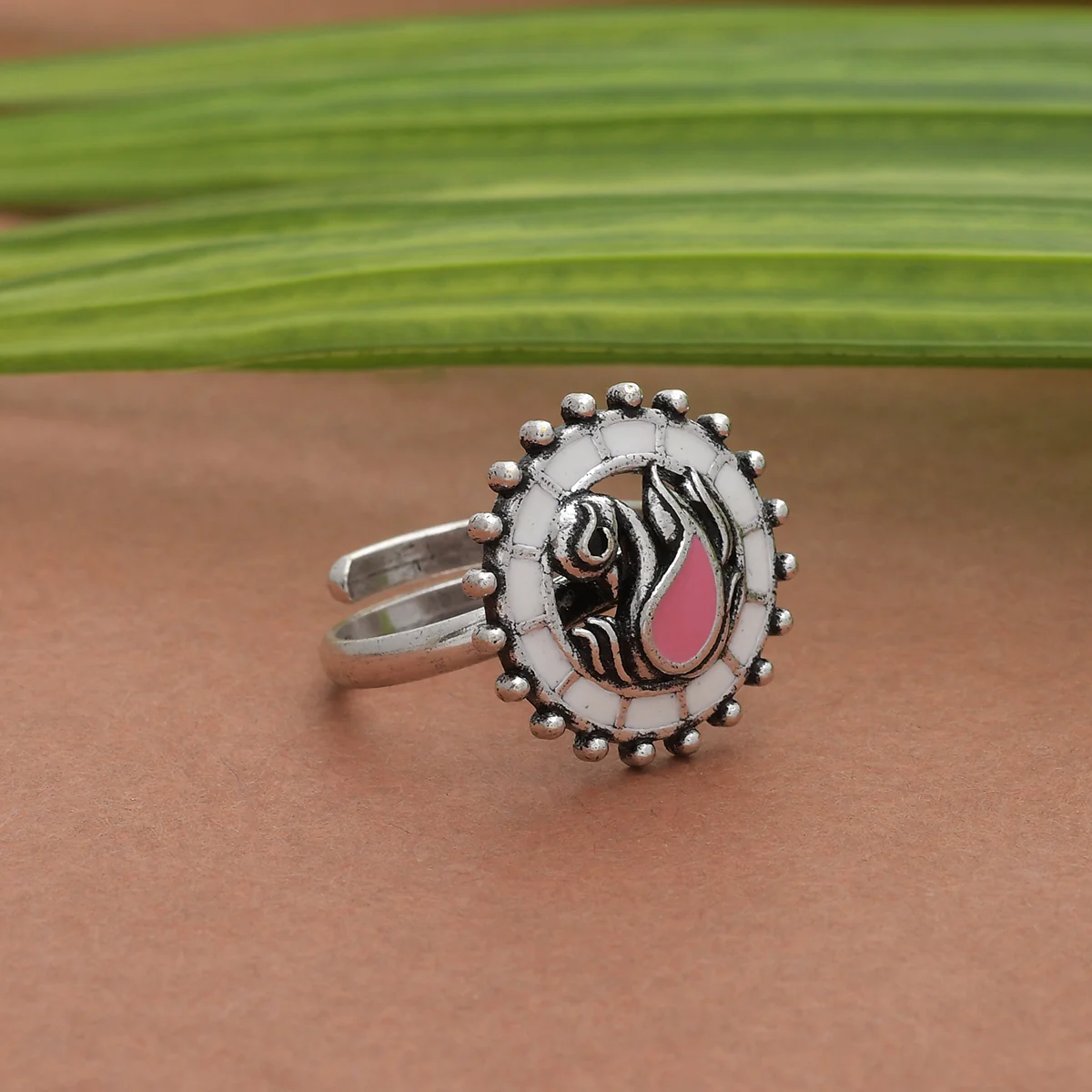 Shwet Kamal Lightly Embellished Adjustable Silver Plated Enamelled Brass Ring