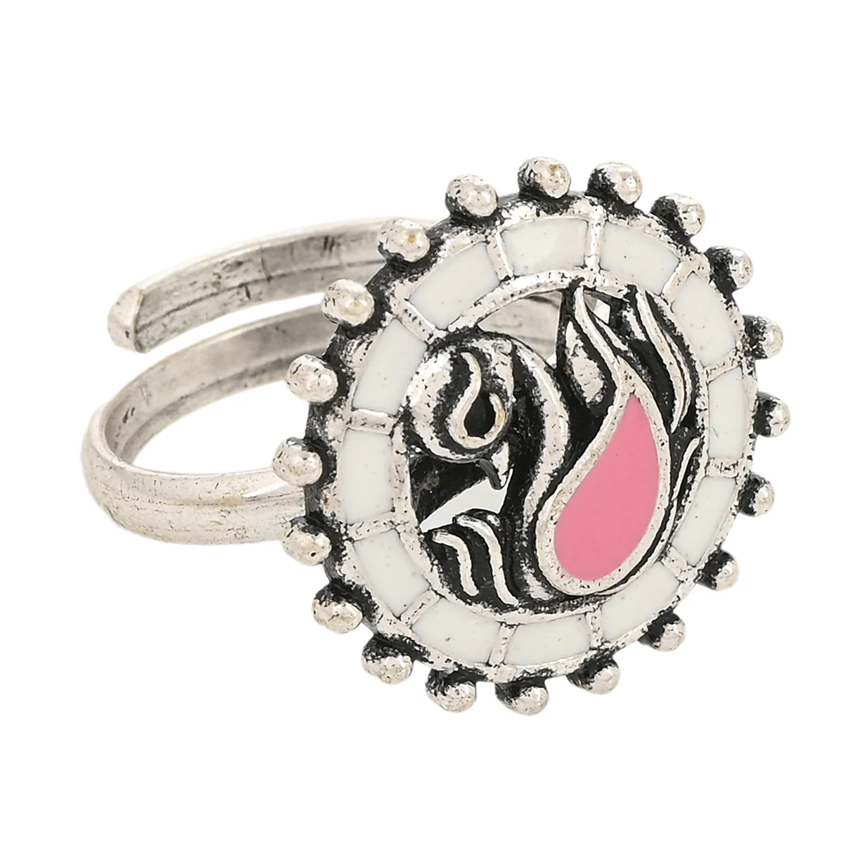 Shwet Kamal Lightly Embellished Adjustable Silver Plated Enamelled Brass Ring - Image 4