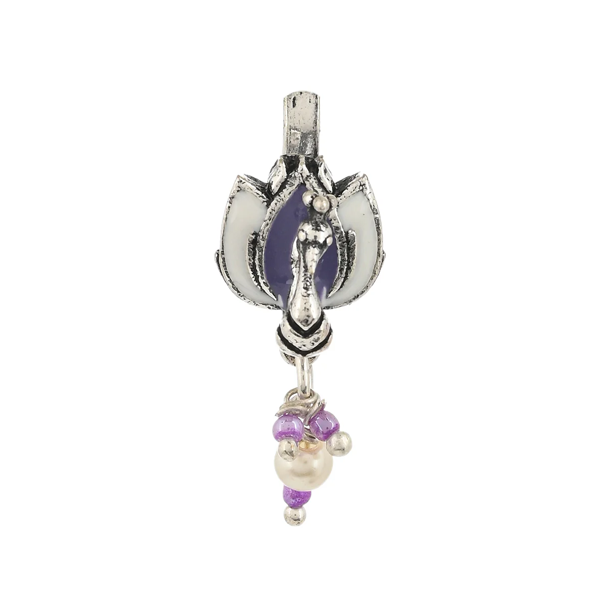 Shwet Kamal Lotus Motif Faux Pearls Adorned Silver Plated Clip on Nose Pin - Image 2
