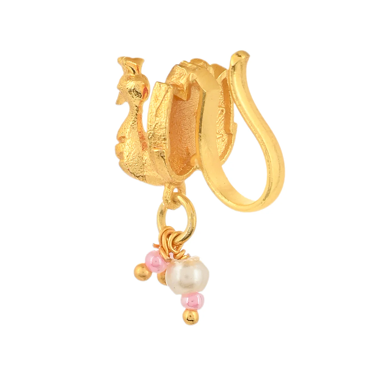 Shwet Kamal Lotus Motif Faux Pearls Gold Plated Slip on Nose Pin - Image 3