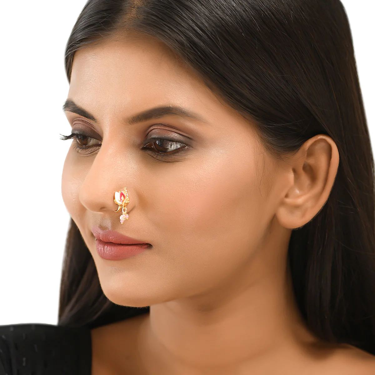 Shwet Kamal Lotus Motif Faux Pearls Gold Plated Slip on Nose Pin - Image 5