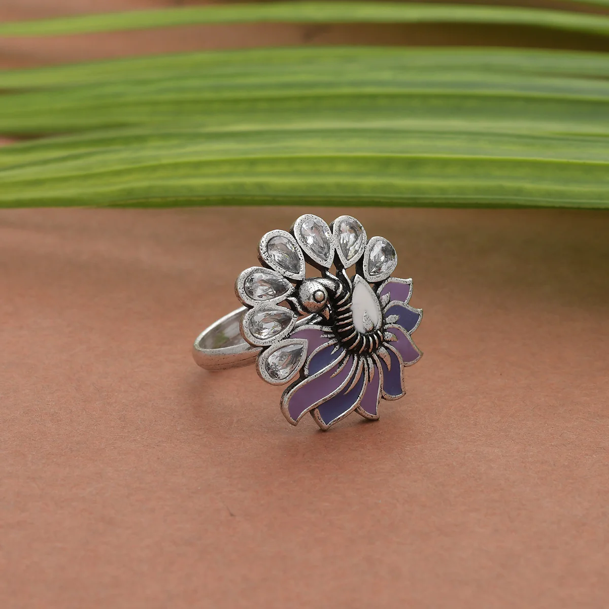 Shwet Kamal Peacock Faux Kundan Enamelled Brass Silver Plated Ring