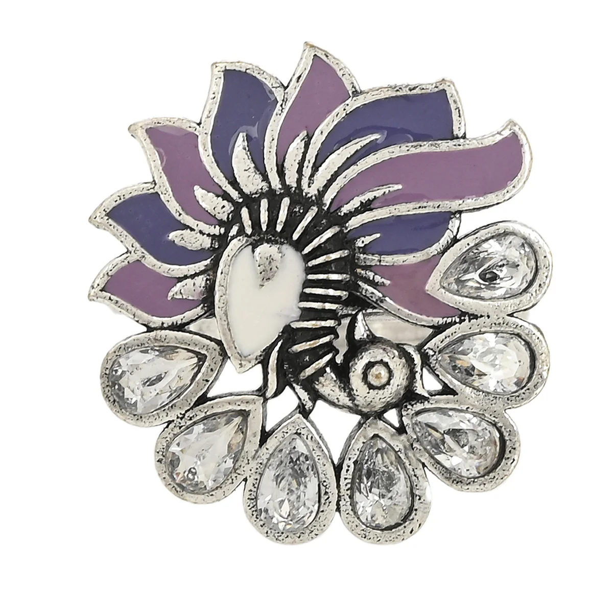 Shwet Kamal Peacock Faux Kundan Enamelled Brass Silver Plated Ring - Image 2