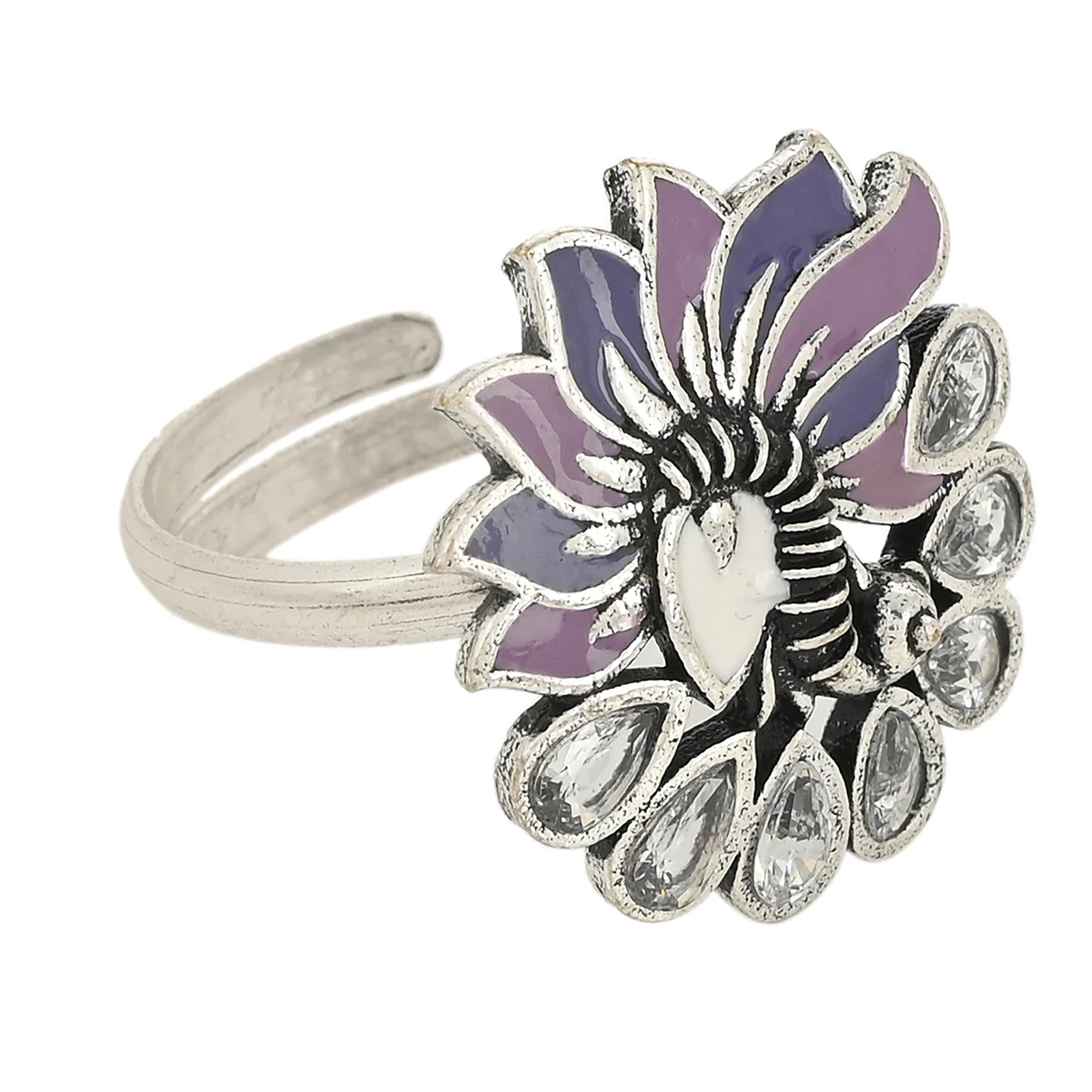 Shwet Kamal Peacock Faux Kundan Enamelled Brass Silver Plated Ring - Image 3