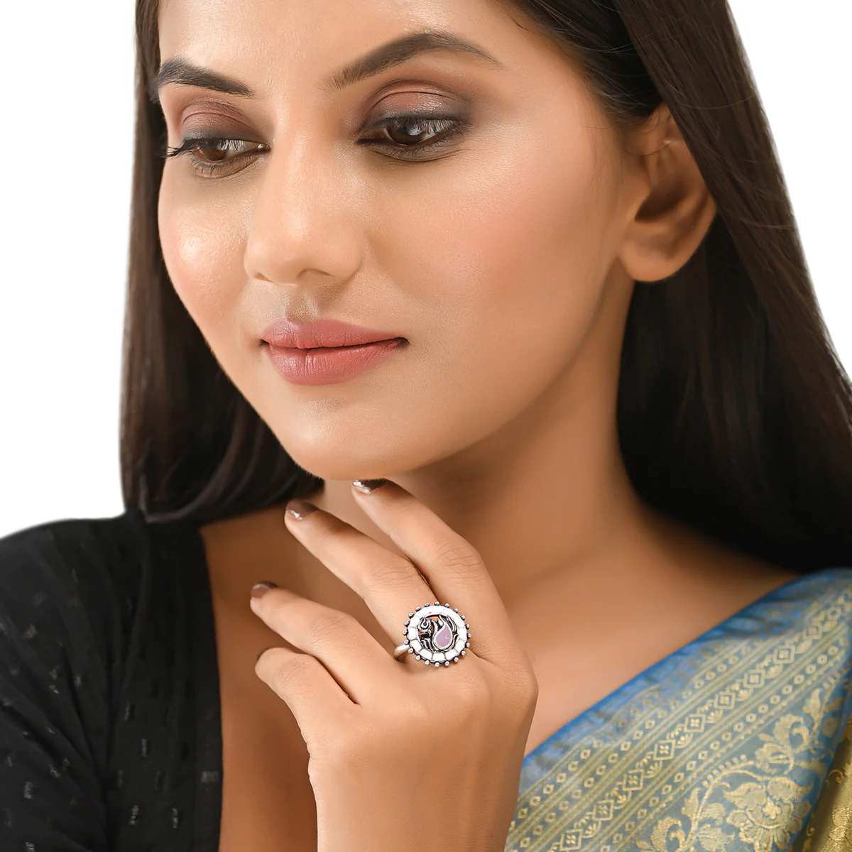 Shwet Kamal Peacock Motif Enamelled Silver Plated Brass Adjustable Ring - Image 5