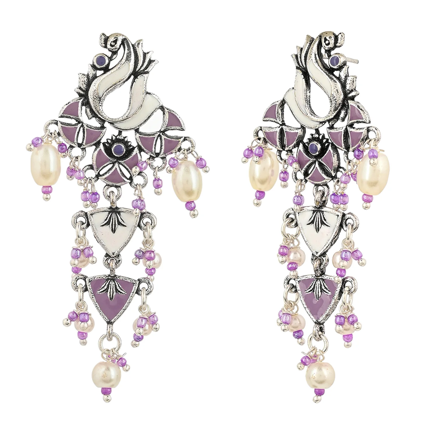 Shwet Kamal Peacock Motif Faux Pearls Adorned Silver Plated Drop Earrings - Image 3