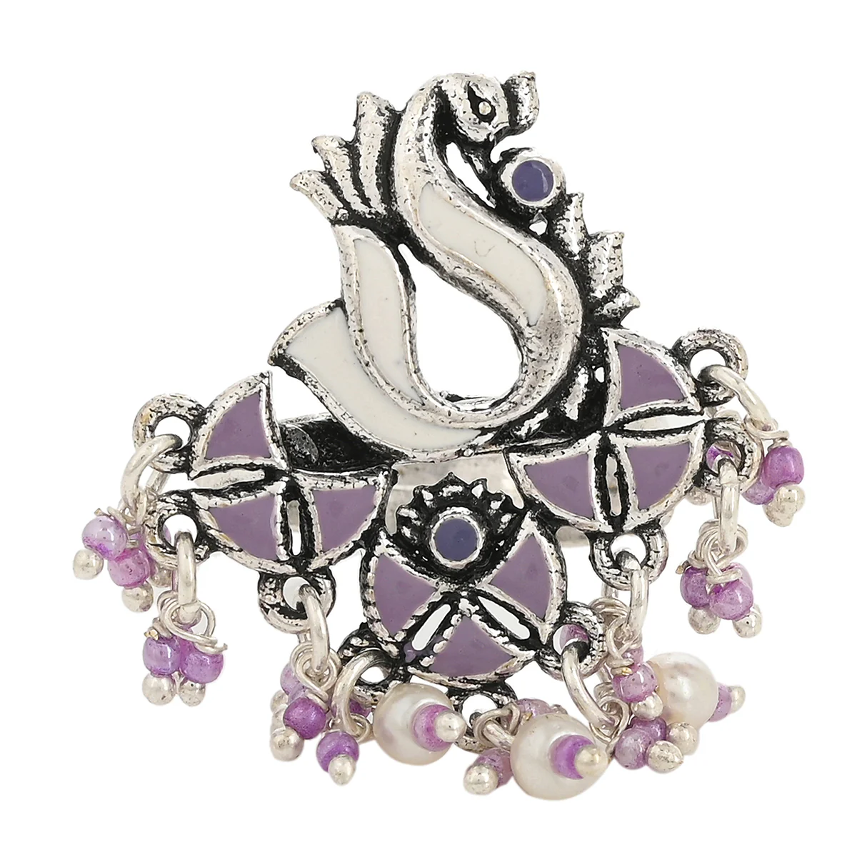 Shwet Kamal Peacock Motif Lightly Embellished Enamelled Brass Silver Plated Adjustable Ring - Image 2