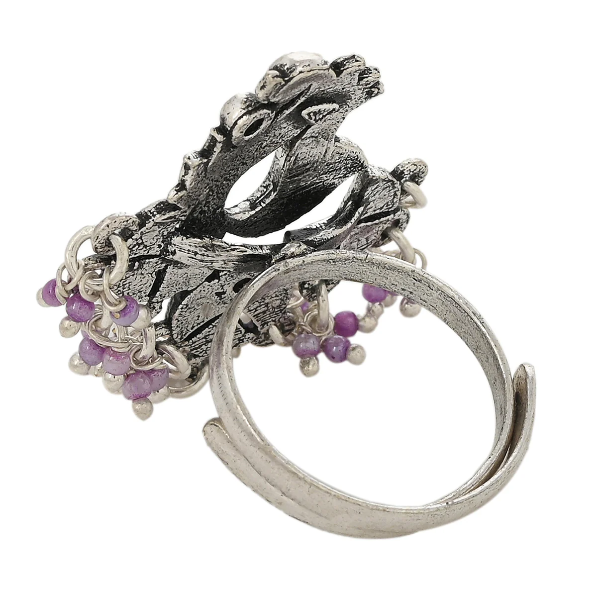 Shwet Kamal Peacock Motif Lightly Embellished Enamelled Brass Silver Plated Adjustable Ring - Image 3