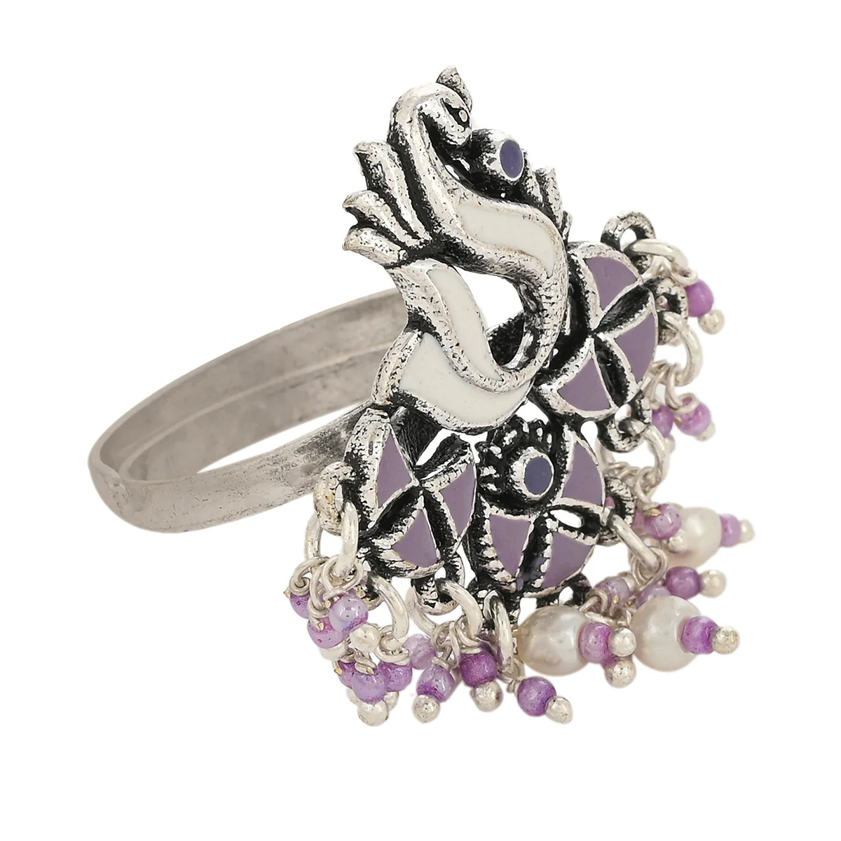 Shwet Kamal Peacock Motif Lightly Embellished Enamelled Brass Silver Plated Adjustable Ring - Image 4