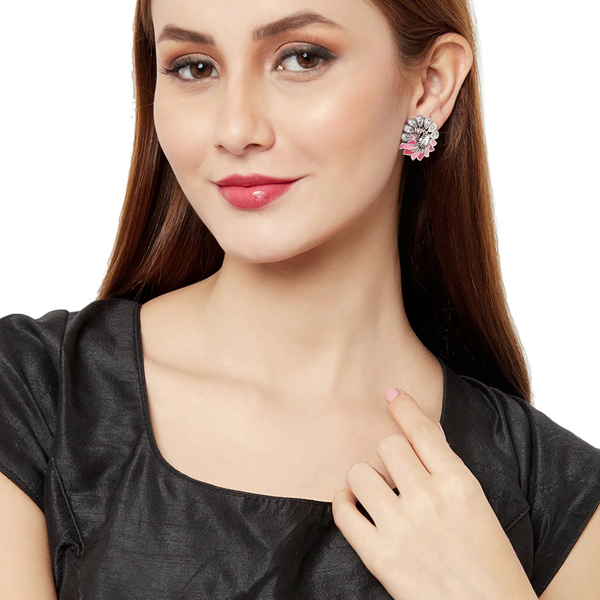 Shwet Kamal Peacock Motif Pink Enamelled Silver Plated Earrings - Image 2