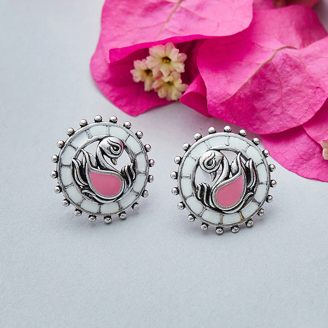 Shwet Kamal Peacock Pink Enamelled Gems Silver Plated Stud Earrings