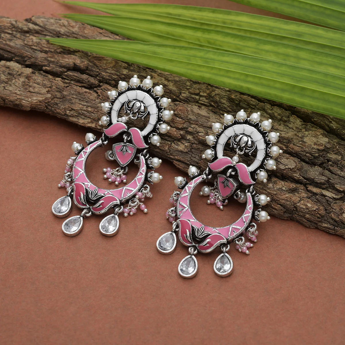 Shwet Kamal Pink Enamel Faux Kundan Oxidised Silver Plated Earrings