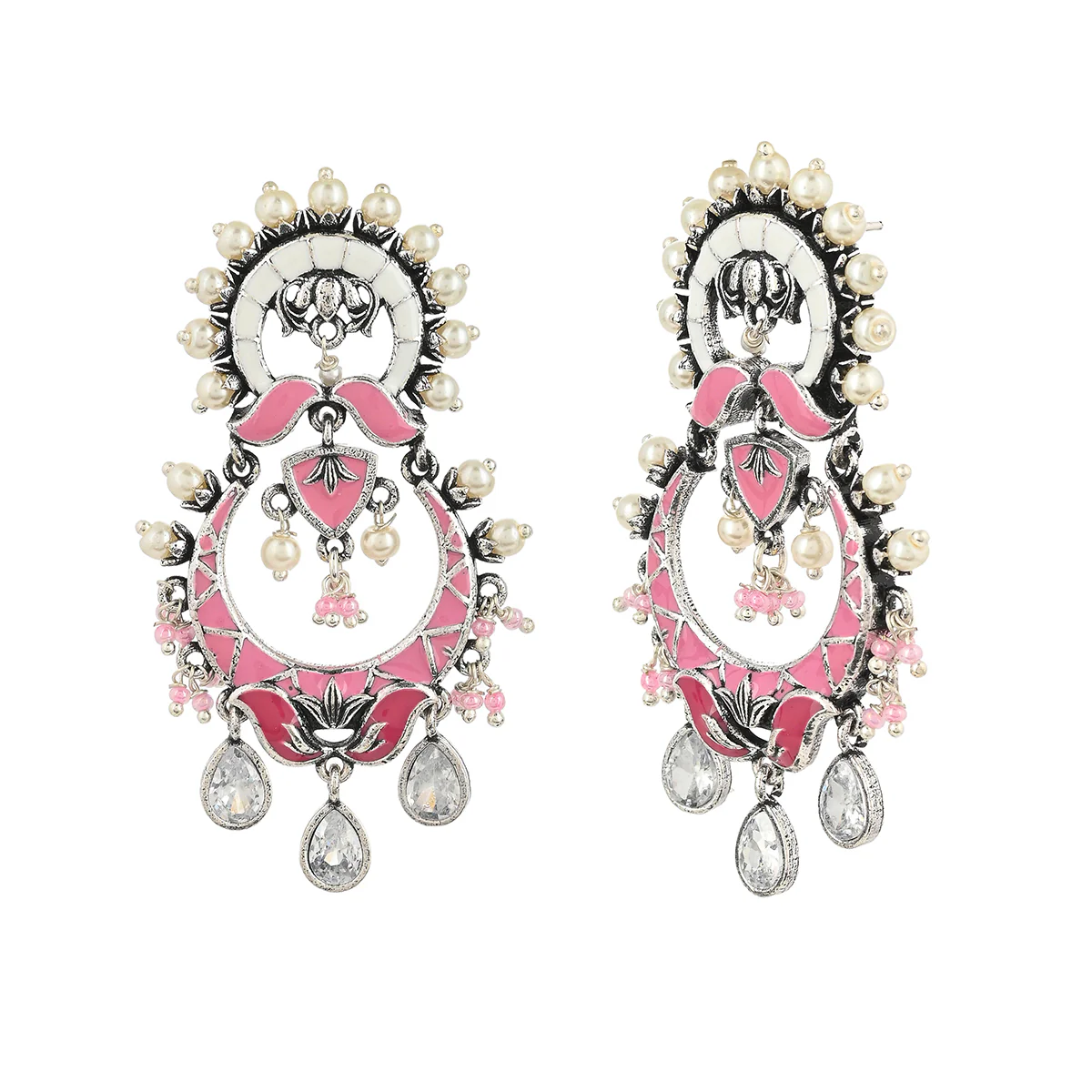 Shwet Kamal Pink Enamel Faux Kundan Oxidised Silver Plated Earrings - Image 3