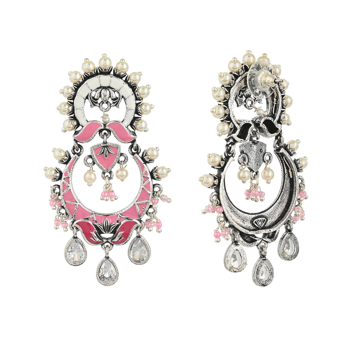 Shwet Kamal Pink Enamel Faux Kundan Oxidised Silver Plated Earrings - Image 4