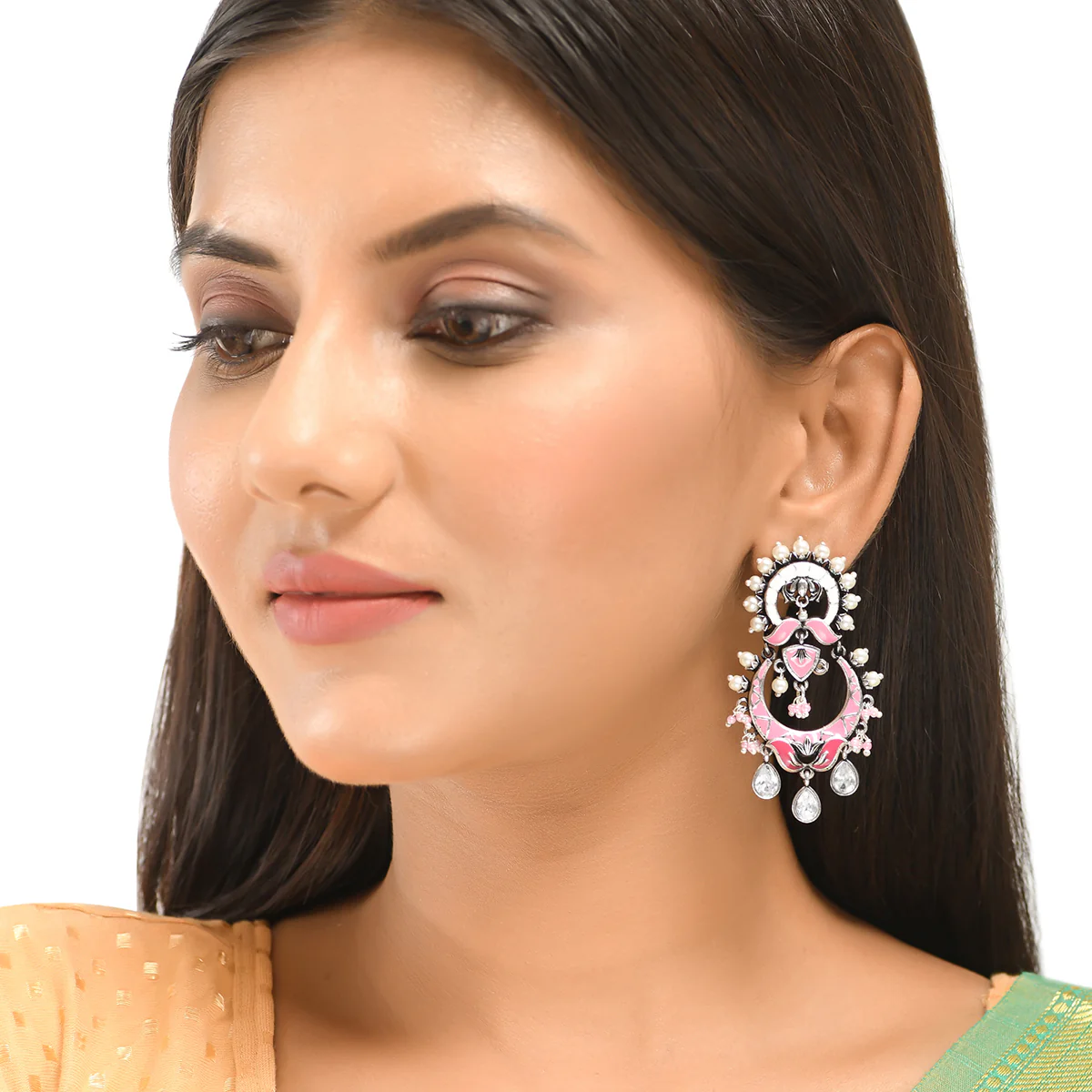 Shwet Kamal Pink Enamel Faux Kundan Oxidised Silver Plated Earrings - Image 5