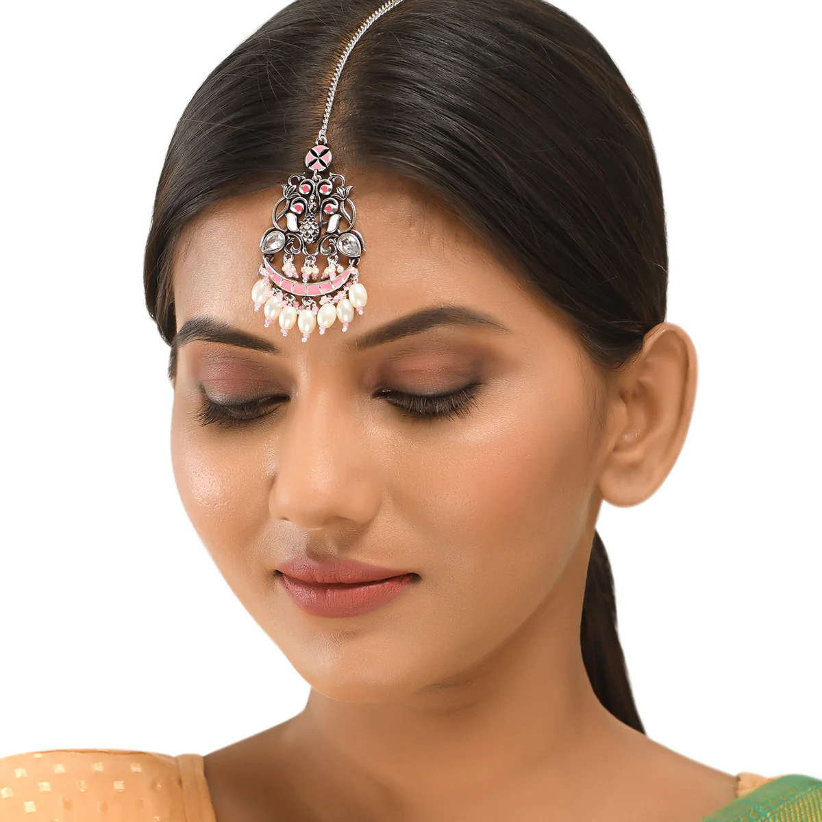 Shwet Kamal Pink Enamel Faux Pearls Silver Plated Maang Tika - Image 5