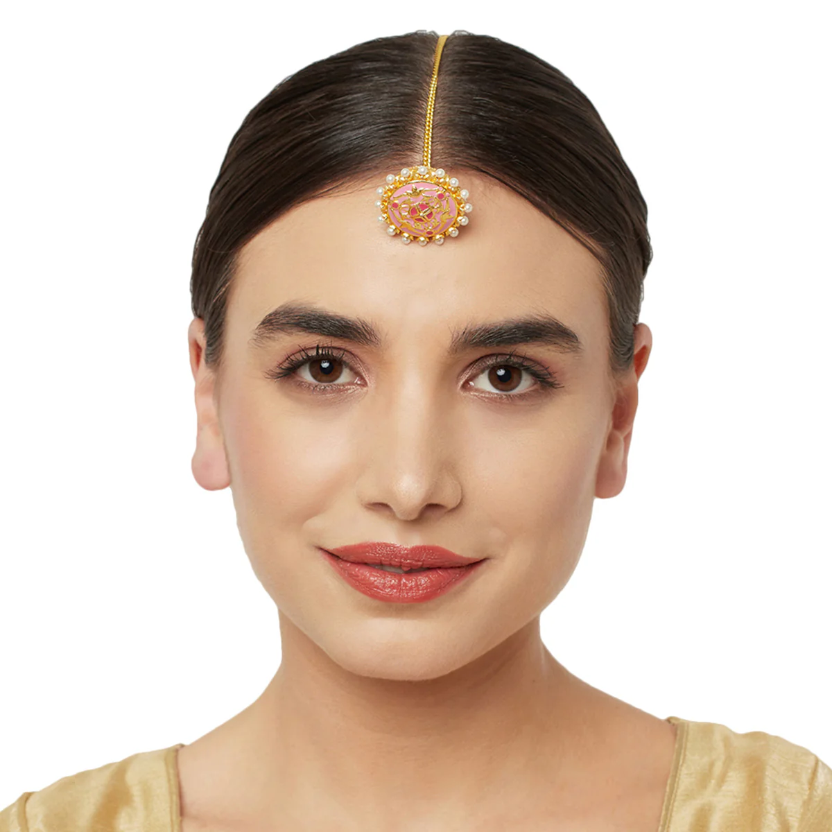 Shwet Kamal Pink Enamelled Maang Tika - Image 2