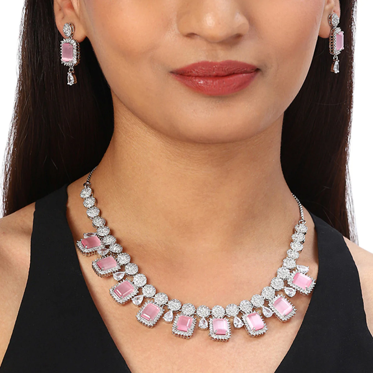 Sparkling Elegance Pink Stones Necklace Set - Image 2