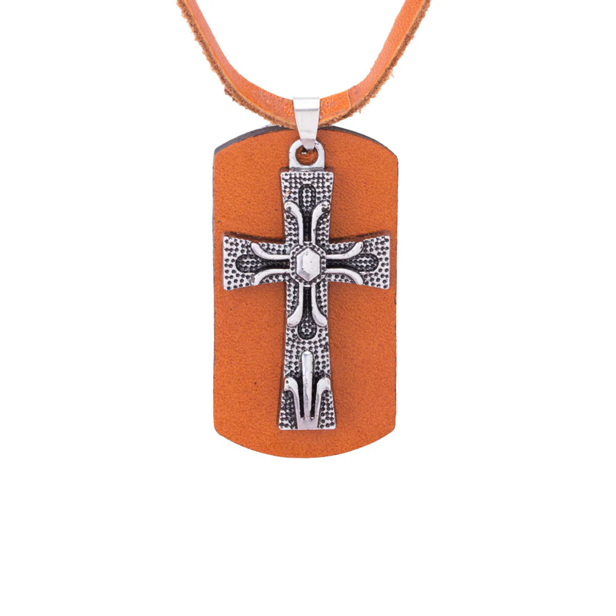 Silver Oxidized Pendant With Brown Leather Chain For Men - Image 3