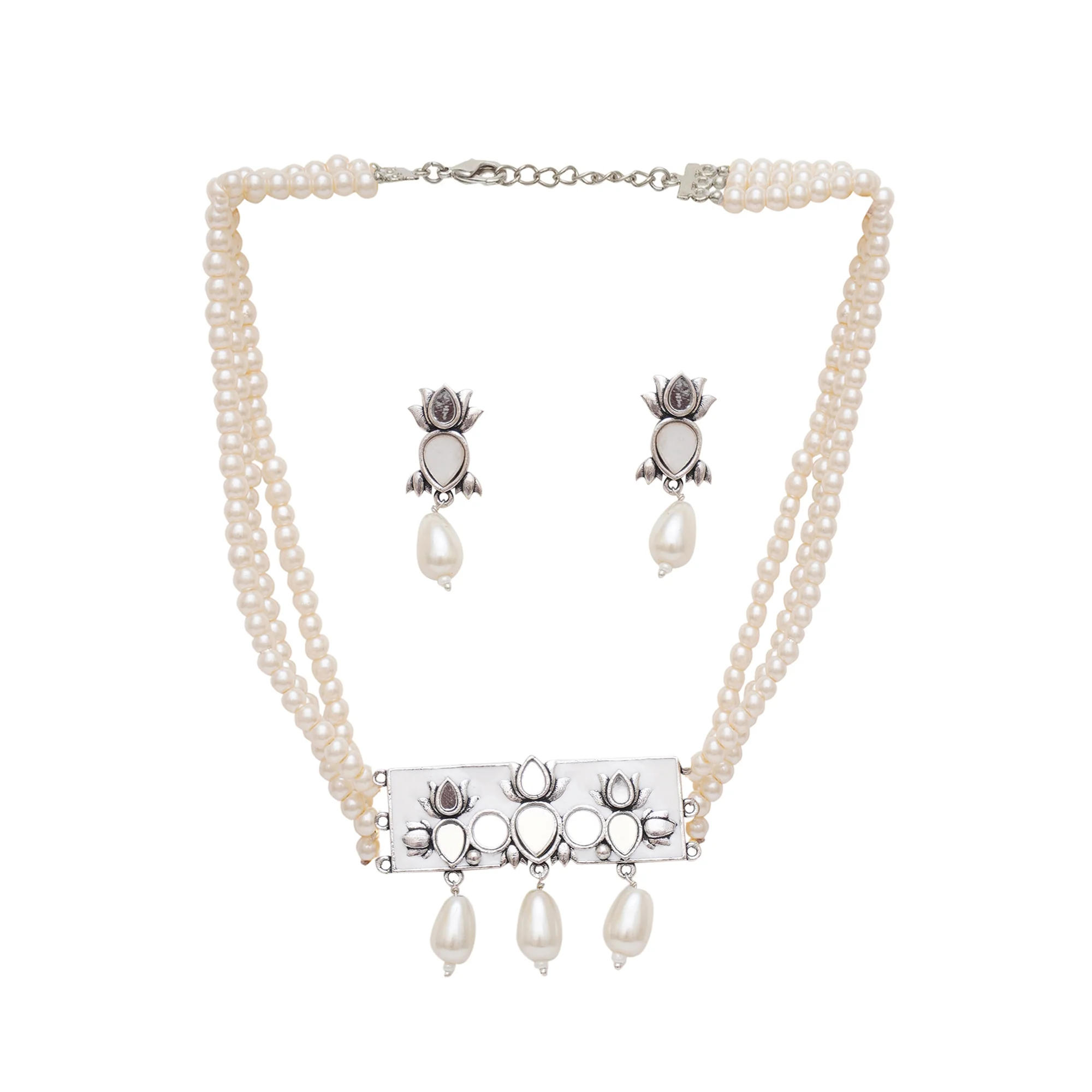 Festive Hues Silver Pearl String Short Necklace with Mirror Work Enameled Motif and Triple Pearl Drops - Image 3