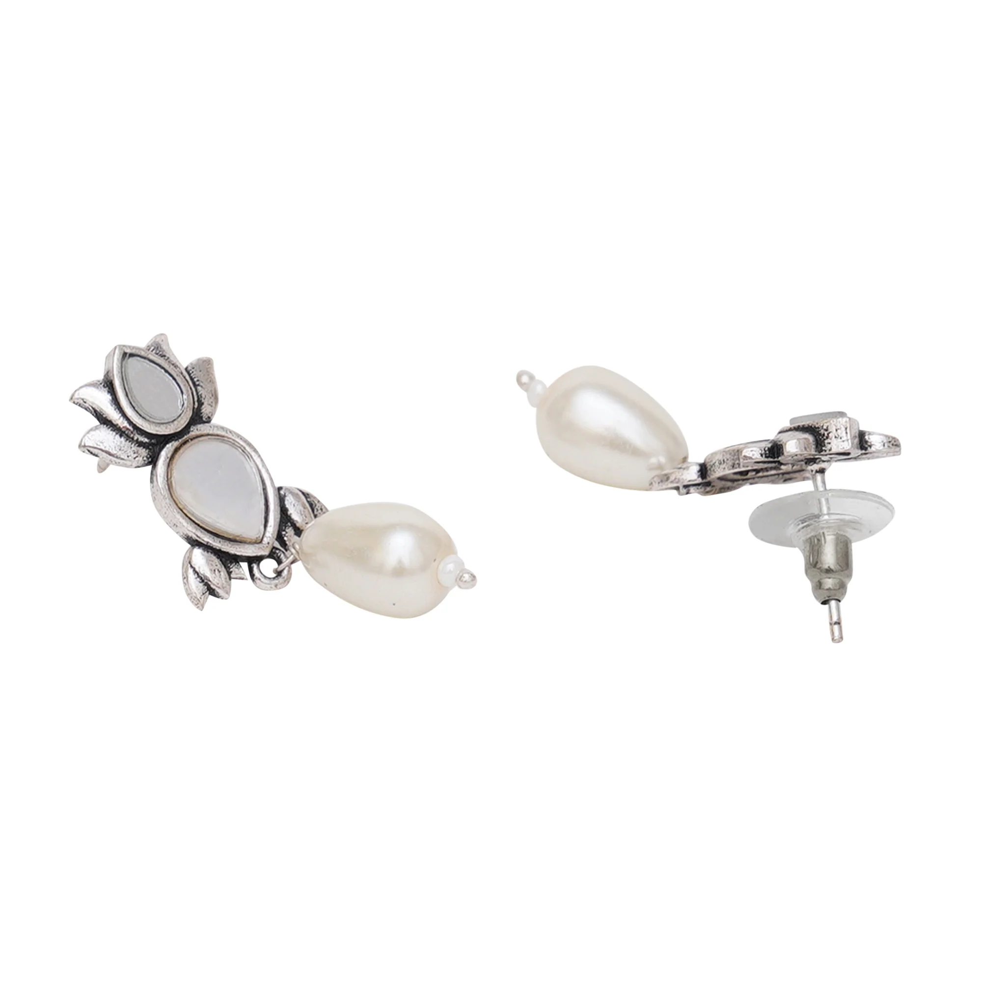 Festive Hues Silver Pearl String Short Necklace with Mirror Work Enameled Motif and Triple Pearl Drops - Image 5