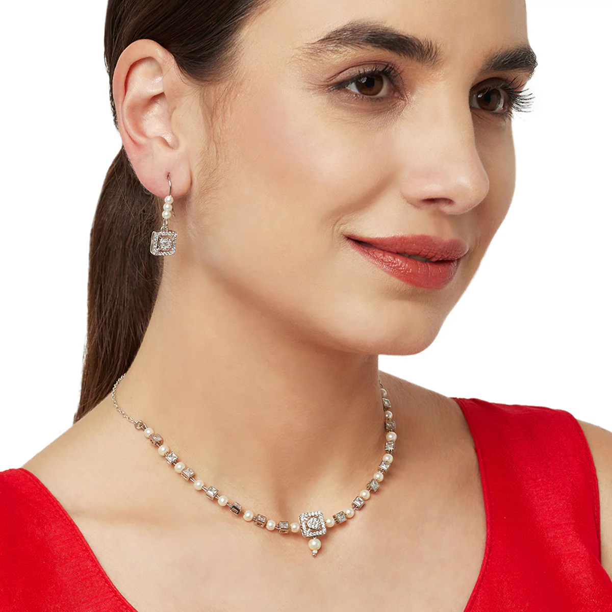 Silver Plated Brass Cubic Zircons Adorned Pendant Set - Image 2