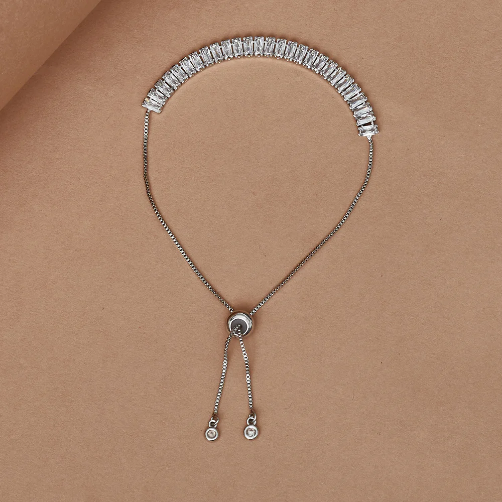 Silver Plated Cushion Cut CZ Adorned Brass Chain Bracelet