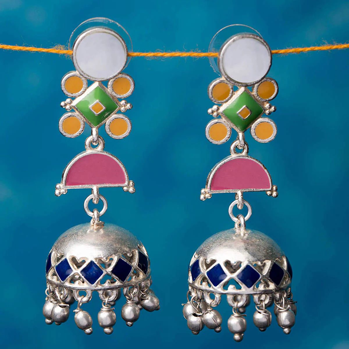 Silver Plated Danglers with Colorful Enameling