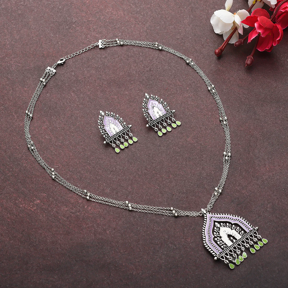 Silver Plated Enamelled Temple Inspired Jewellery Set