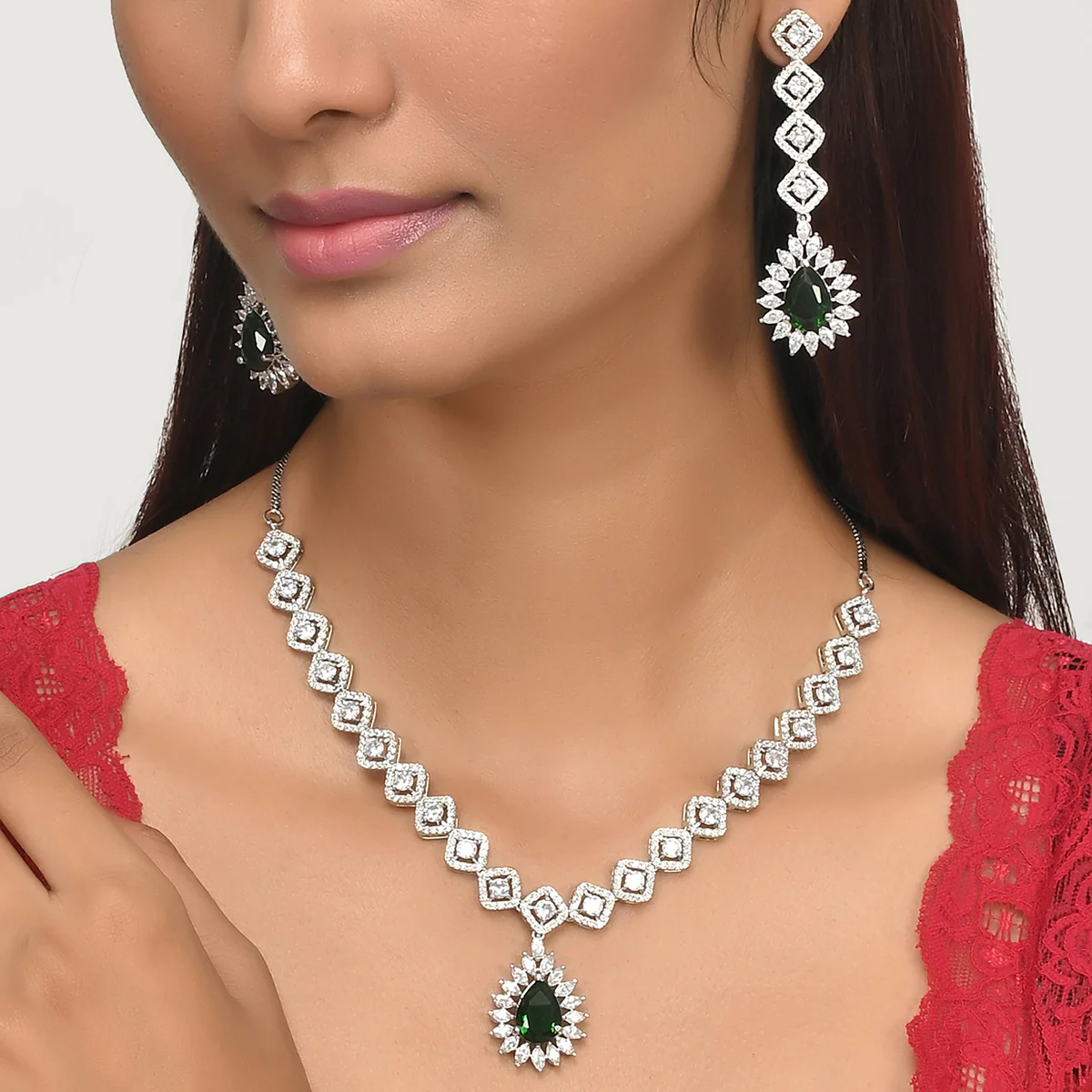 Silver Plated Teardrop Green and White Zircons Adorned Brass Jewellery Set - Image 2