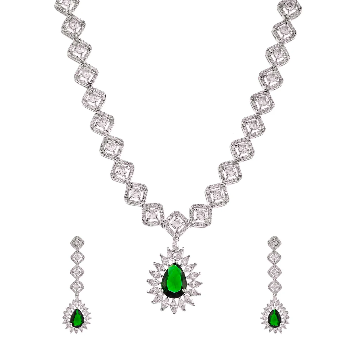 Silver Plated Teardrop Green and White Zircons Adorned Brass Jewellery Set - Image 4