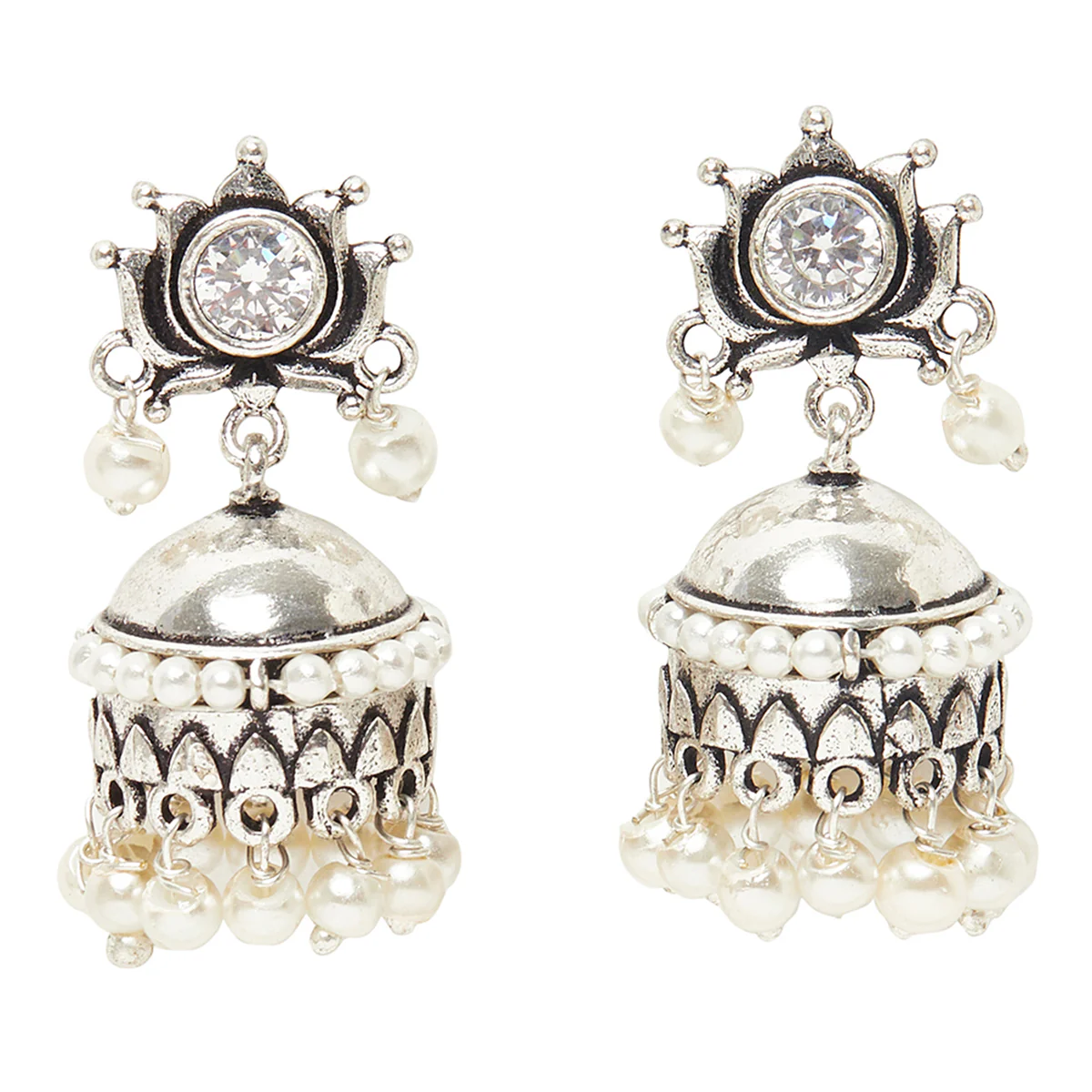 Silver Plated Traditional Brass Faux Pearls Jhumka Earrings - Image 3