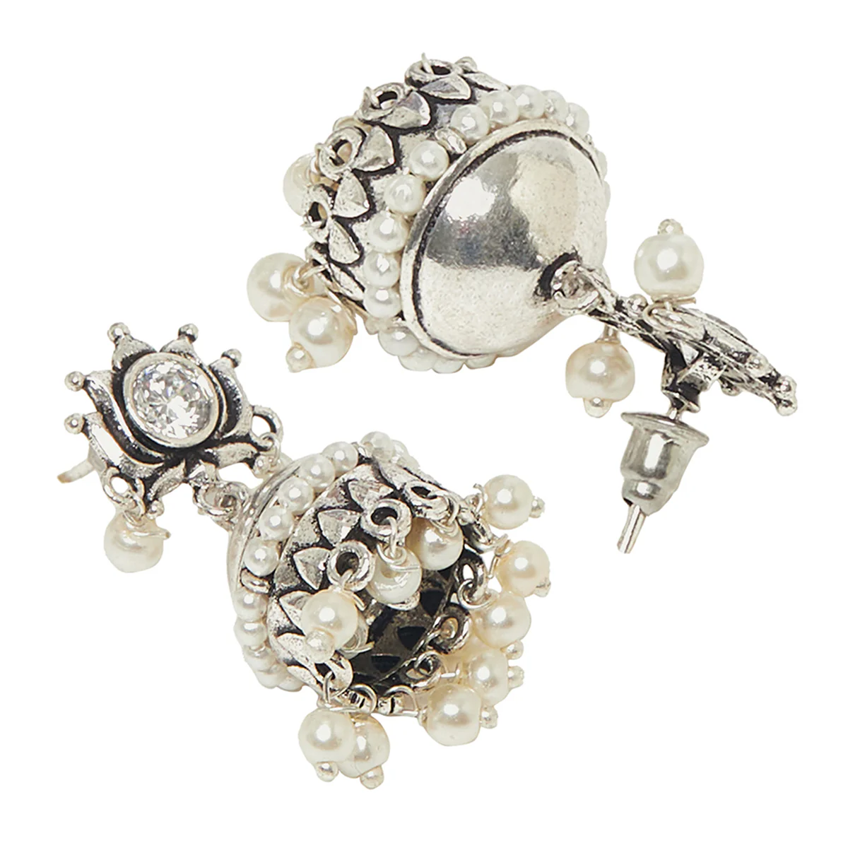 Silver Plated Traditional Brass Faux Pearls Jhumka Earrings - Image 4