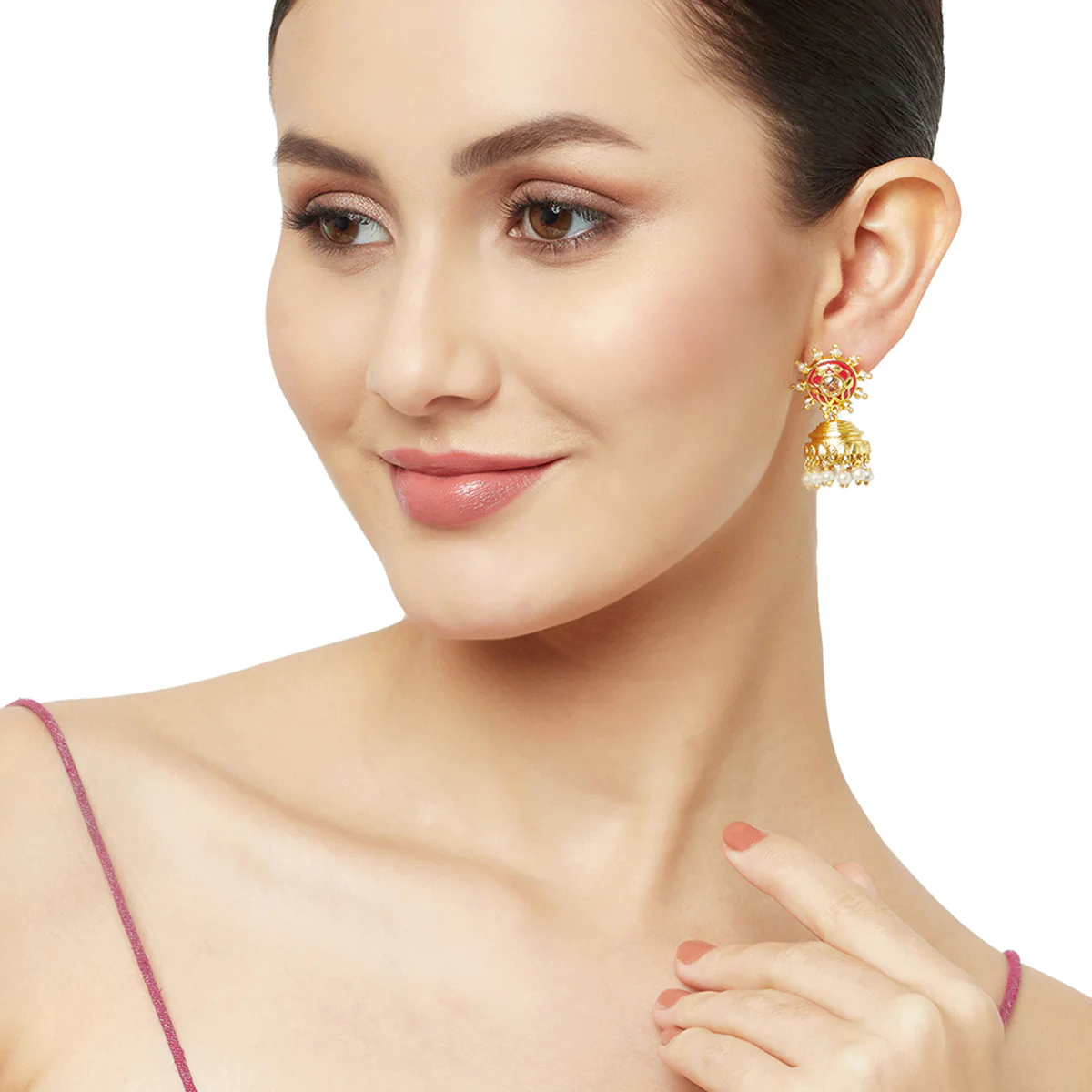 Silver Toned Faux Pearls Embellished Brass Jhumka Earrings - Image 2