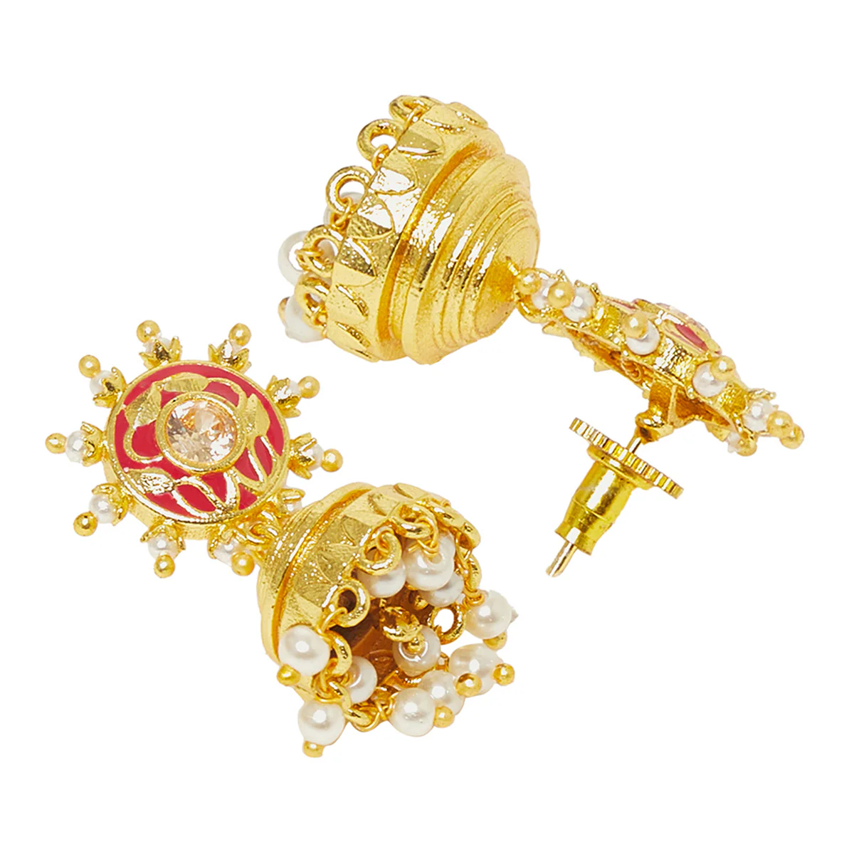 Silver Toned Faux Pearls Embellished Brass Jhumka Earrings - Image 4