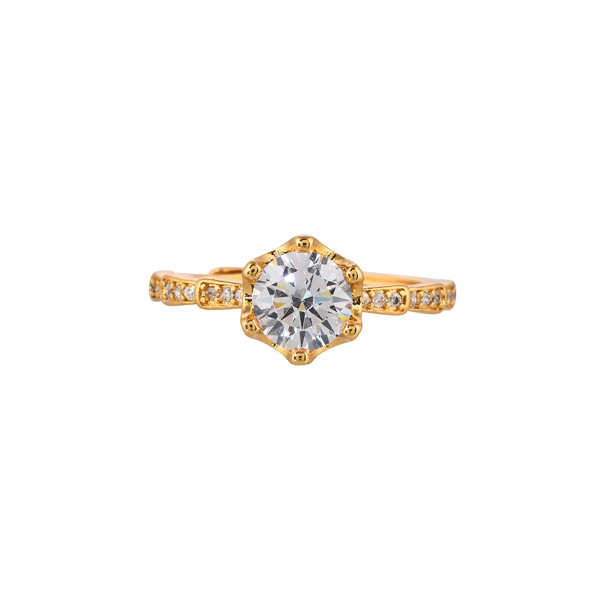 Six Prong High Set Zircon Adorned Brass Gold Plated Ring - Image 3