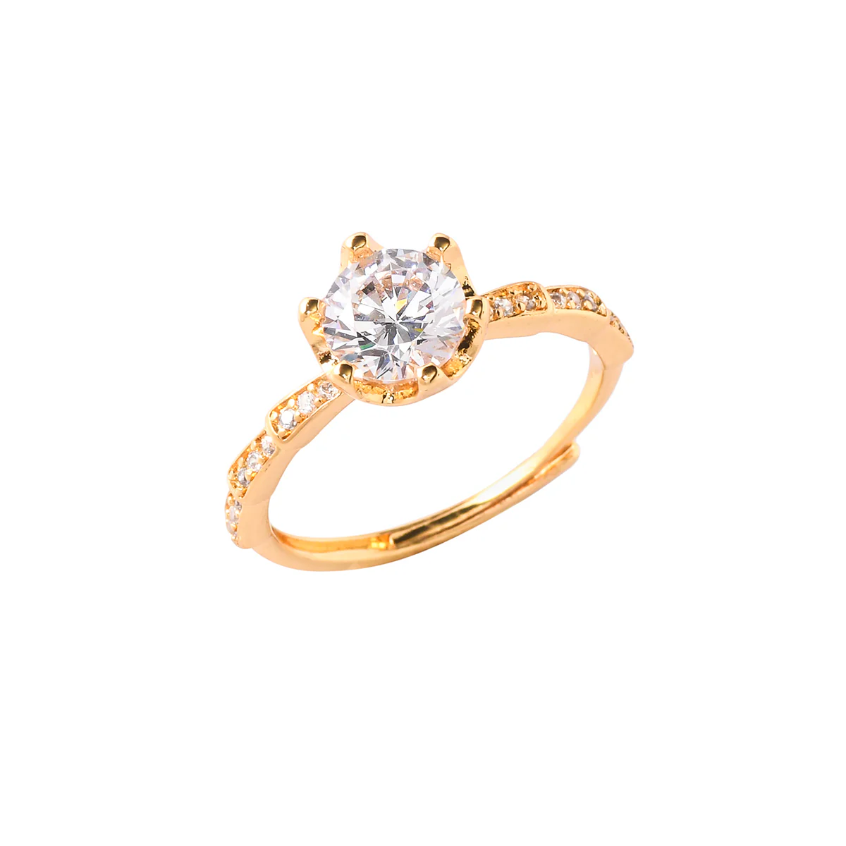 Six Prong High Set Zircon Adorned Brass Gold Plated Ring - Image 4