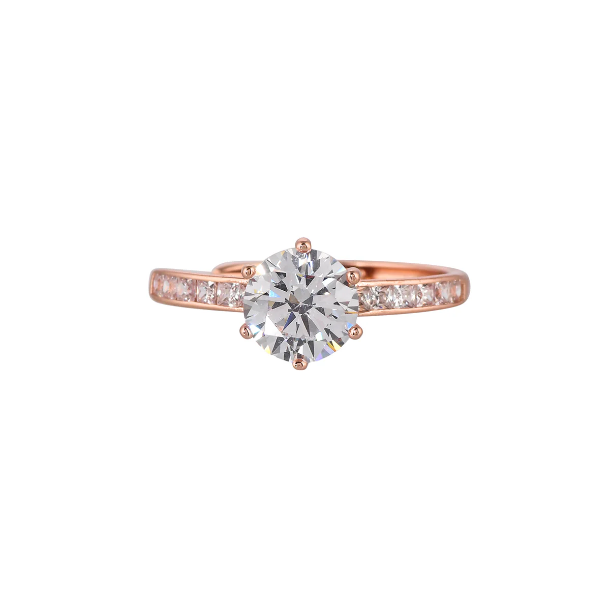 Six Prong Rose Gold Plated Round Cut Zircon Adorned Brass Ring - Image 3