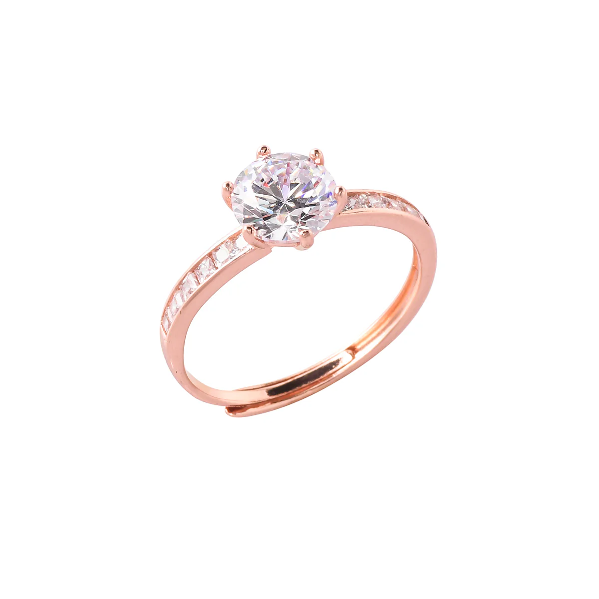 Six Prong Rose Gold Plated Round Cut Zircon Adorned Brass Ring - Image 4
