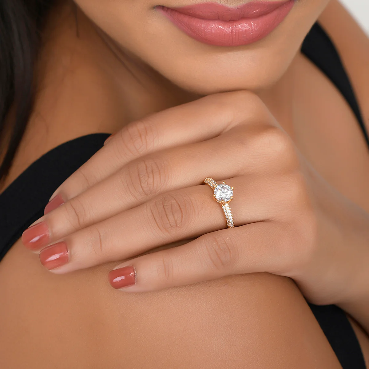 Six Prong Setting High Set Round Cut Zircon Gold Plated Brass Ring - Image 2