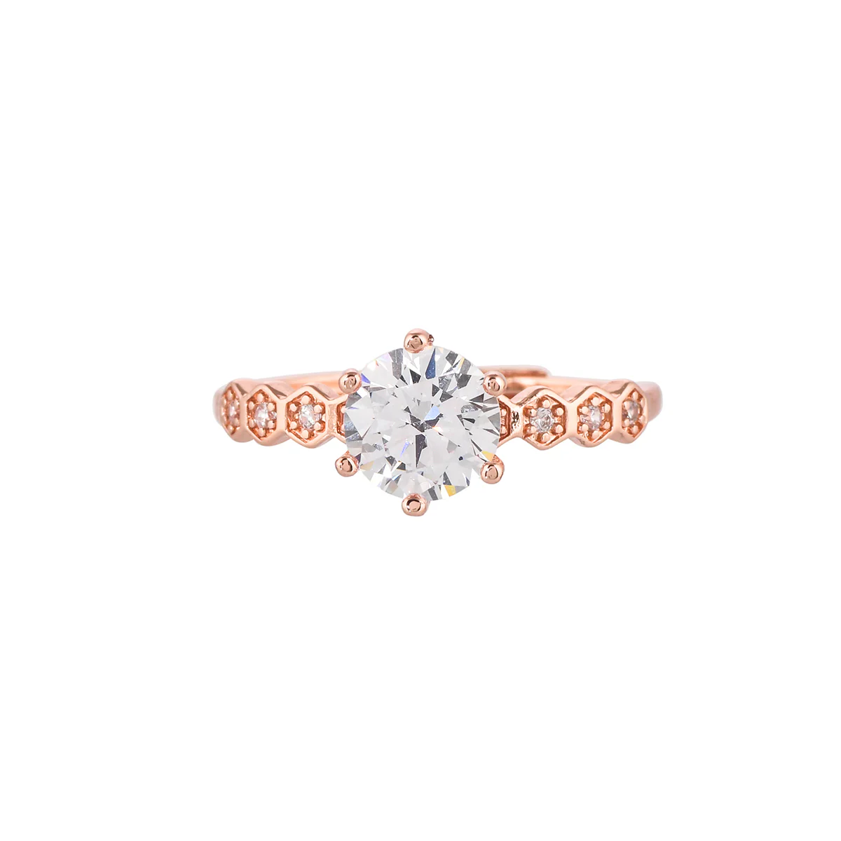 Six Prong Setting Silver Plated Round Cut Zircon Adorned Brass Ring - Image 3